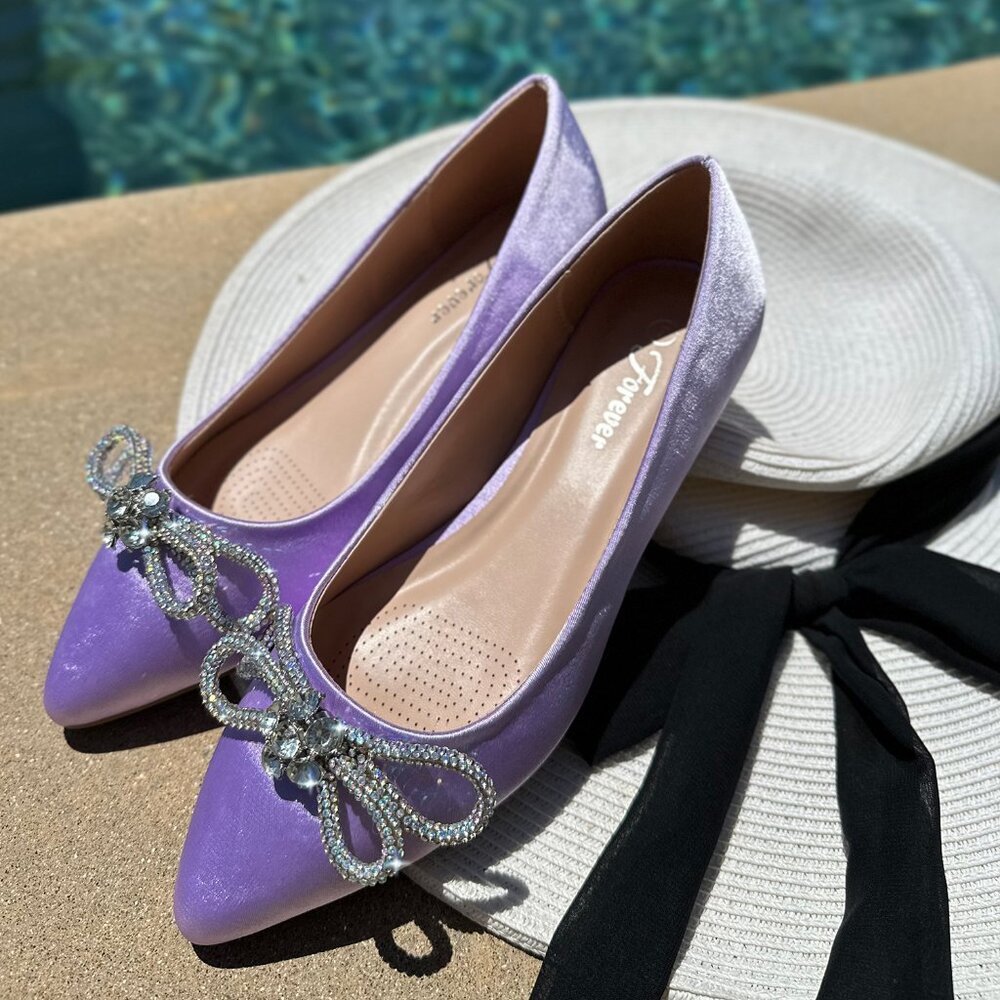 Lavender Ballet Flats with Rhinestone Double Bow Tie - Size 7.5